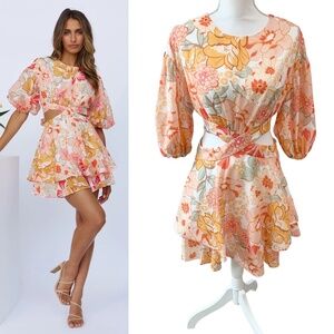 Hello Molly Floral Cutout Mini Dress - Pink and Orange